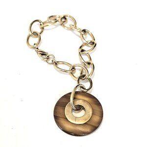 Vintage Gold Tone Link Bracelet w Faux Tortoise Shell Mother of Pearl Pendant